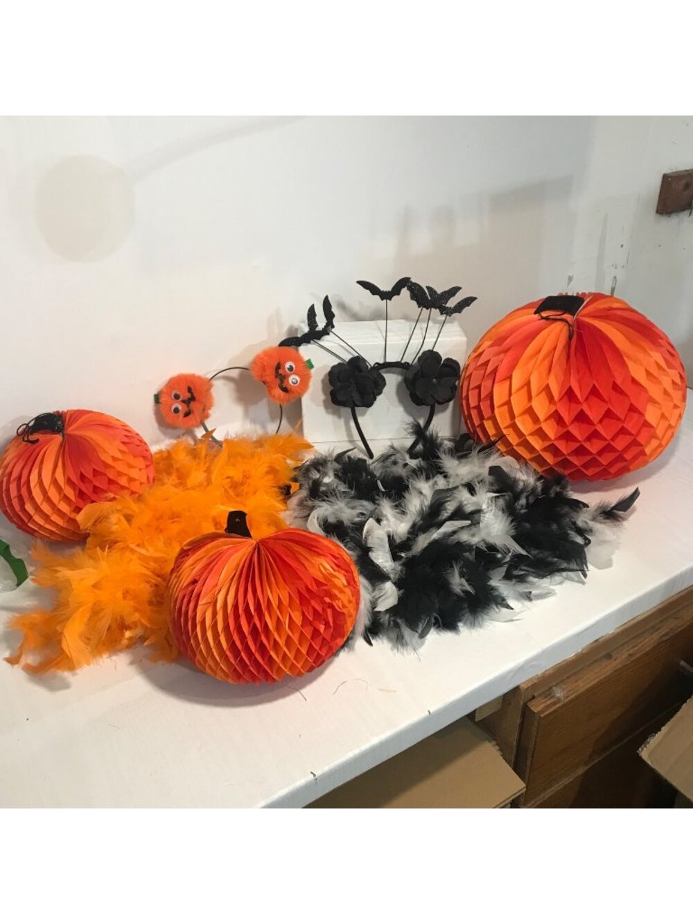 Halloween Decor Lot Pumpkin Bat Headbands Feather Boas 60" Pumpkin Paper